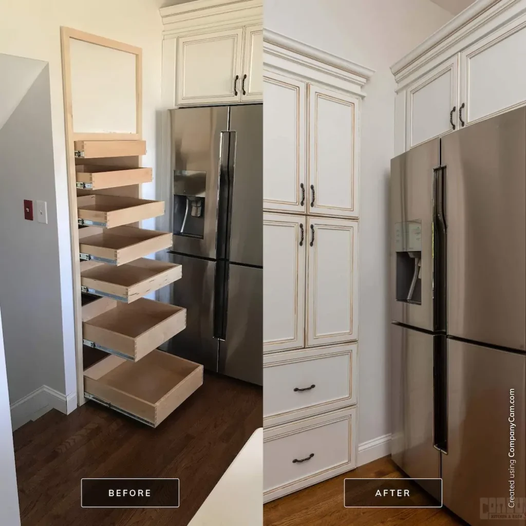 custom-rollout-pantry-before-after-split-level - Creatively Done Homes Improvements Inc. Before and After Custom Rollout Pantry Built Under Stairs During Split level Kitchen Remodel in Nassau County by Creatively Done Homes Improvements