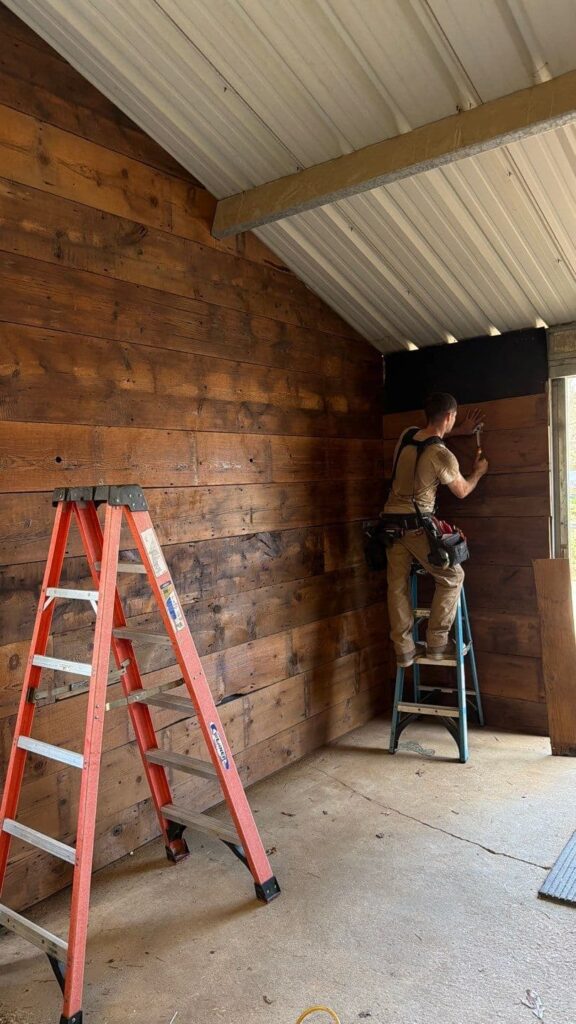 Reclaimed Barn Wood Wall Installation in Progress Nassau County by Creatively Done Homes Improvements