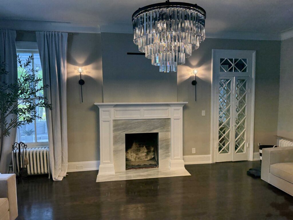 Painted Fireplace Mantel with Marble Surround and Hearth in a Garden City Ny Living Room by Creatively Done Homes Improvements